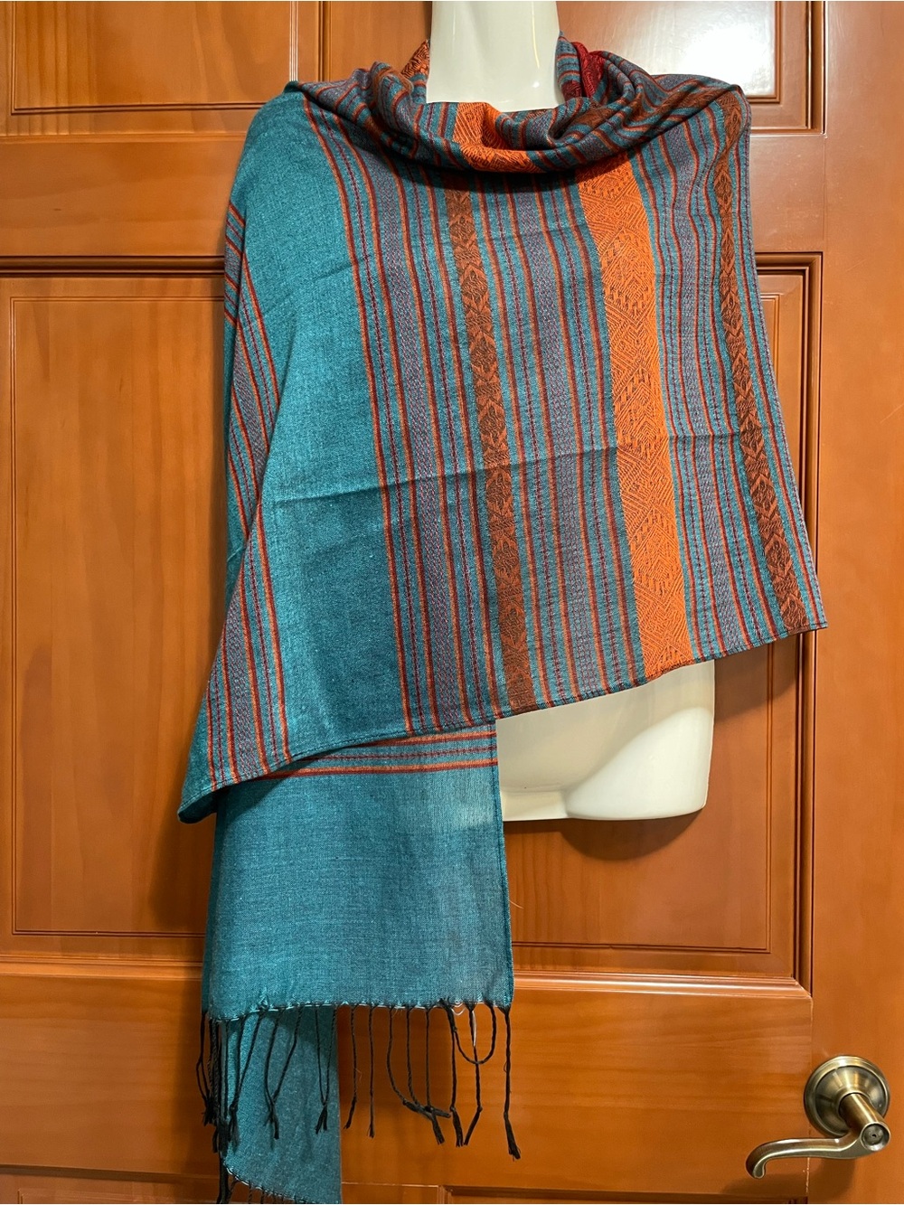 Thai Silk Teal and Orange Striped Shawl Scarf Cover Up